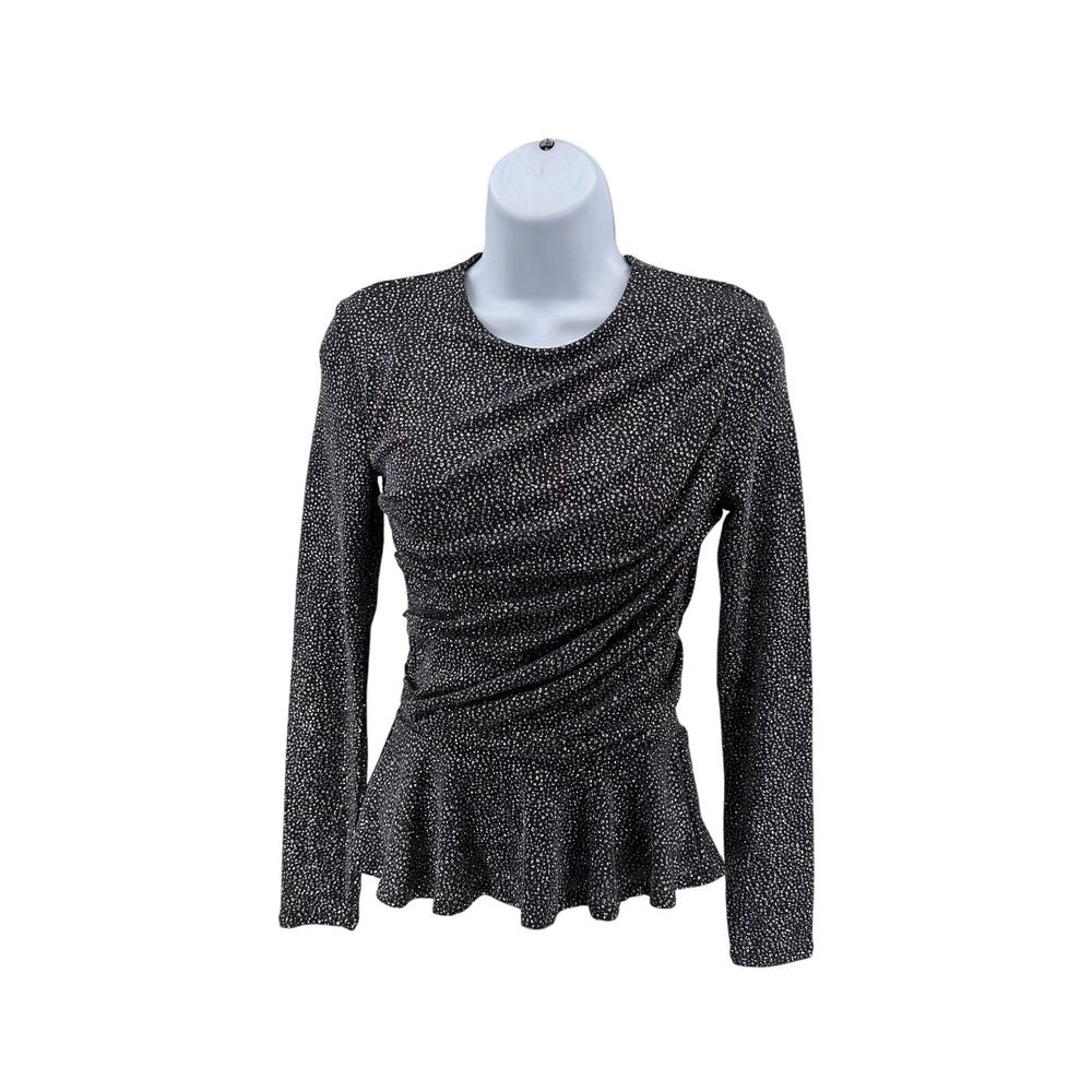 H&M Sparkle Top WMNS 6 Black/Silver Peplum Hem Ruffled Long Sleeve Dressy Blouse